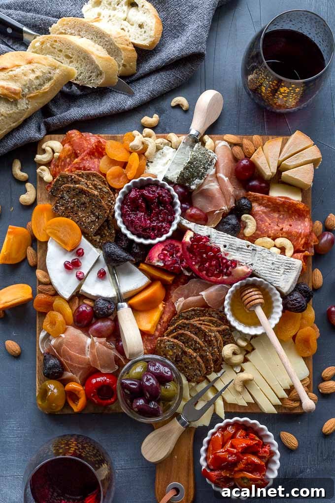 Overhead view of a fully assembled cheese board with bread and wine off to the side.