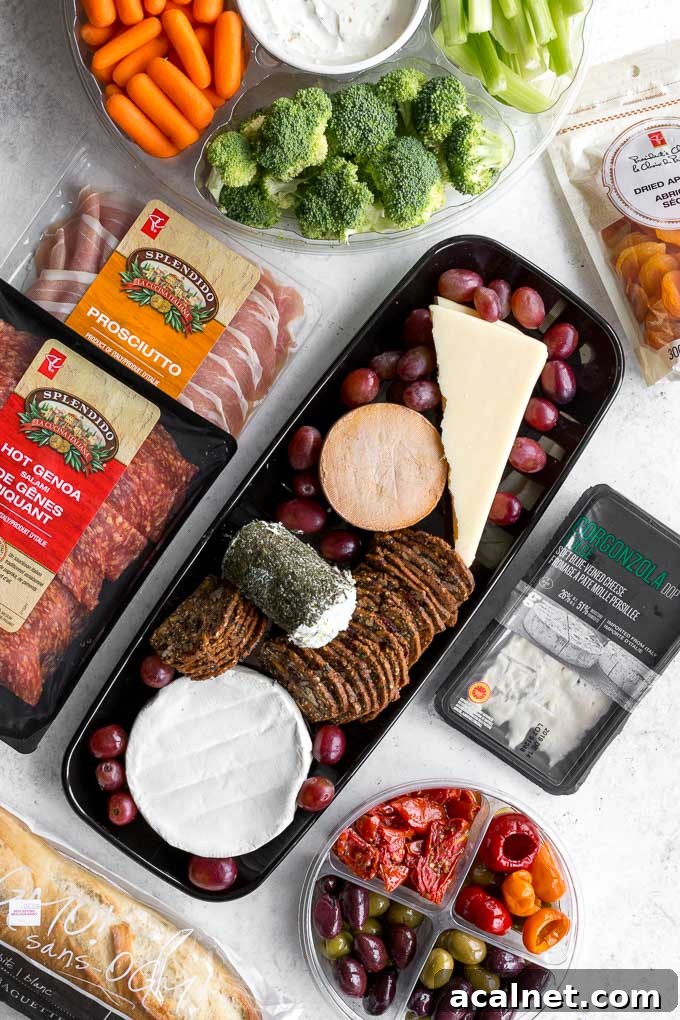 Overhead view of items purchased for cheese board.