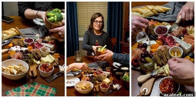 Collage of three photos showing the cheese board being enjoyed by friends.