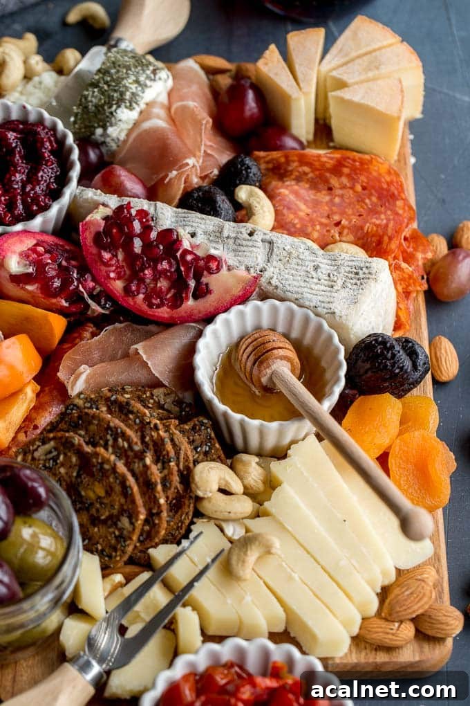 Up-close view of assembled cheese board appetizer.
