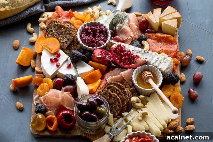 Fully assembled cheese board appetizer on a dark surface.