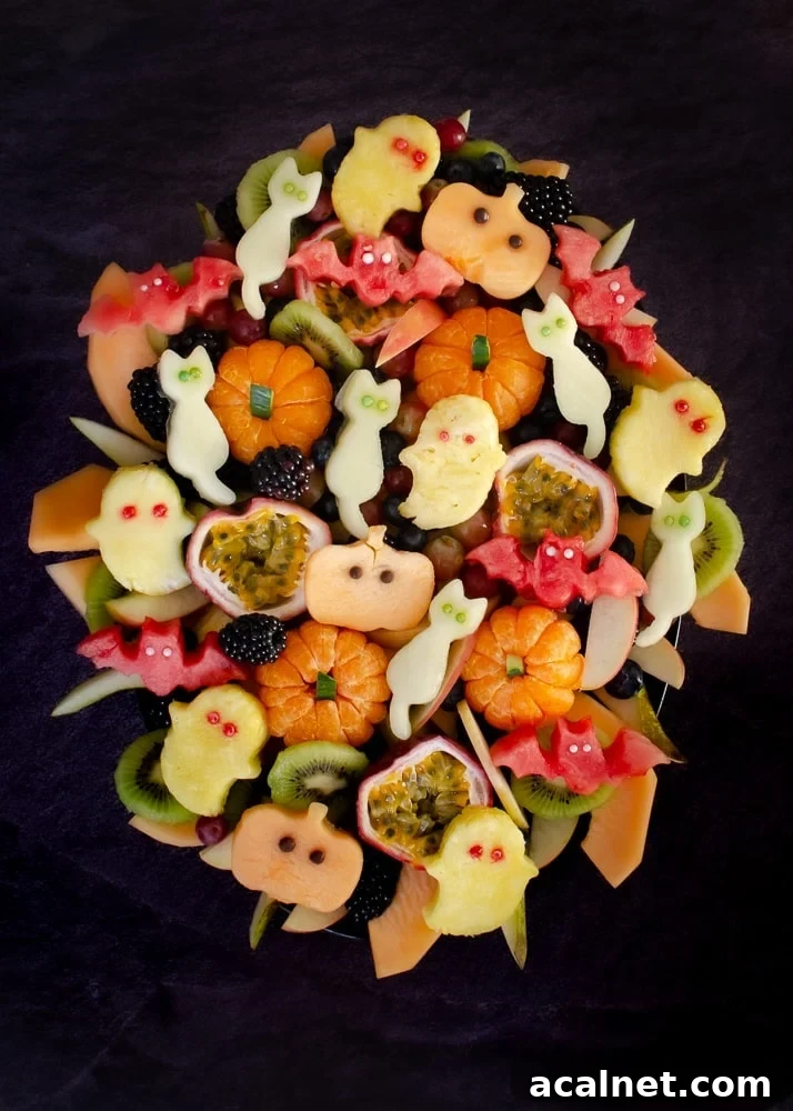 Halloween Fruit Salad, animated fruit shapes with eyes, ready for a Halloween party