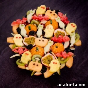 Halloween Fruit Salad with shapes of cats, pumpkin,ghost and bats with edible eyes