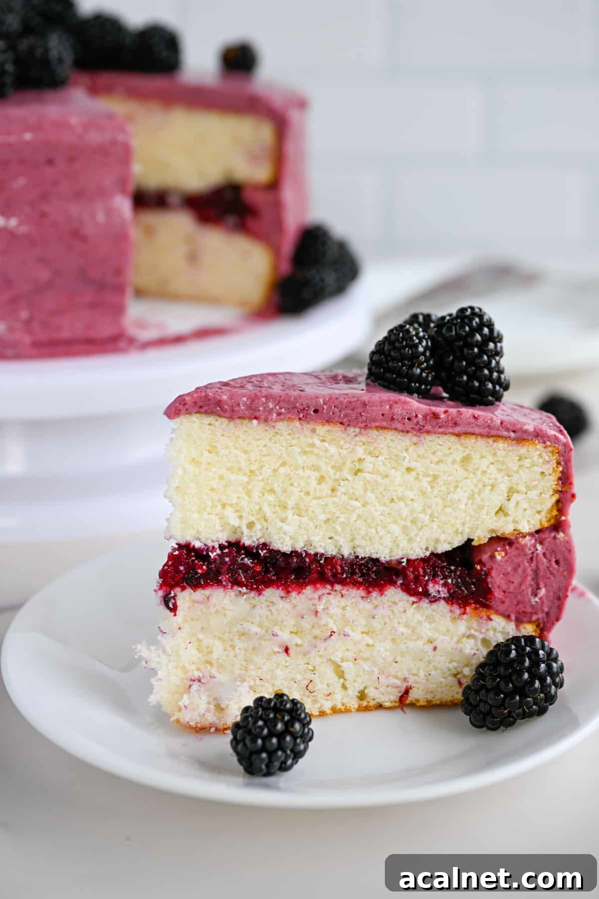 Slice of blackberry almond cake.