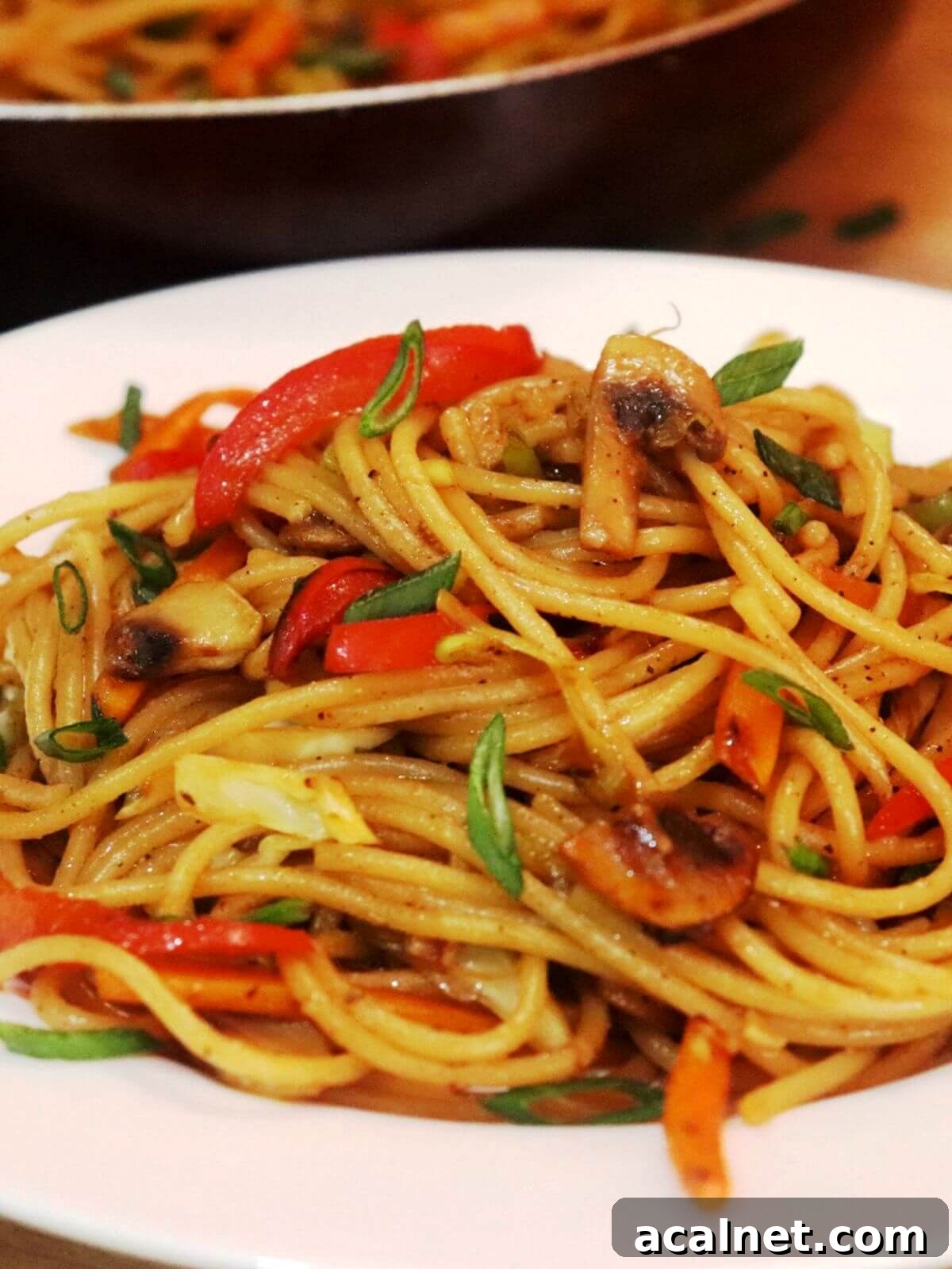 close-up of veg lo mein noodles served in a plate.