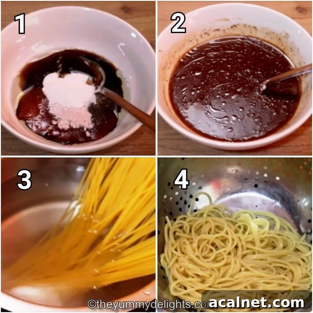 collage image of 4 steps showing making lo mein sauce and cooking noodles.