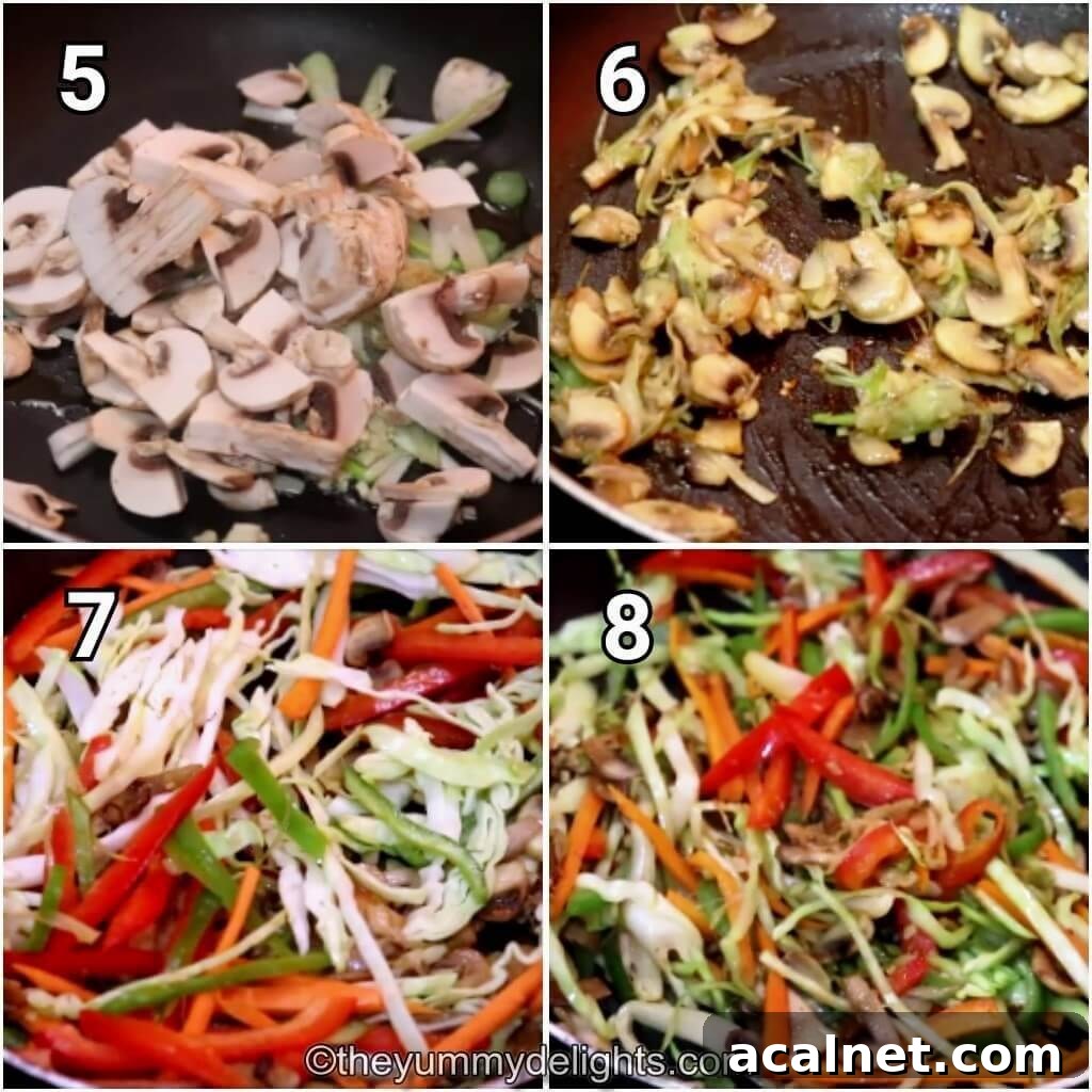 collage image of 4 steps showing how to make vegetable lo mein. It shows stir-frying the vegetables.