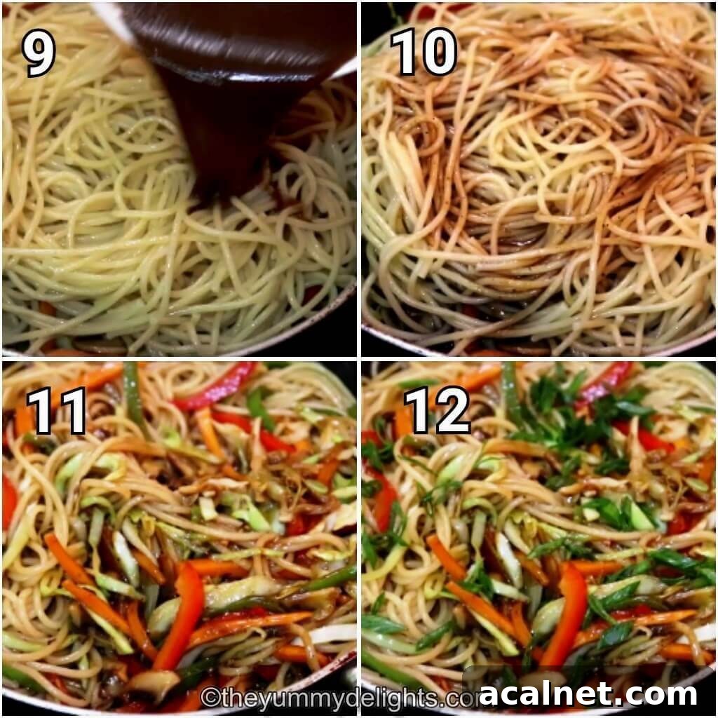 collage image of 4 steps showing addition of lo mein sauce to the pan and tossing the noodles to make vegetable lo mein recipe.