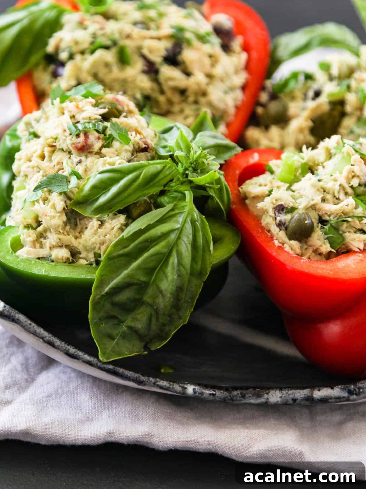 Bell pepper tuna salad served in pepper halves.