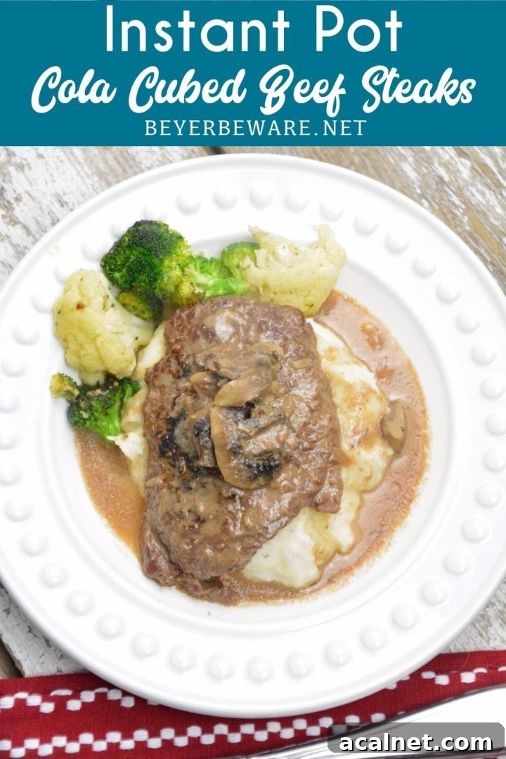 Instant Pot Coca-Cola Cubed Beef Steaks is a simple recipe made quickly with the dump of cubed steaks, a Coke, onion soup mix and cream of mushroom soup in the Instant Pot.