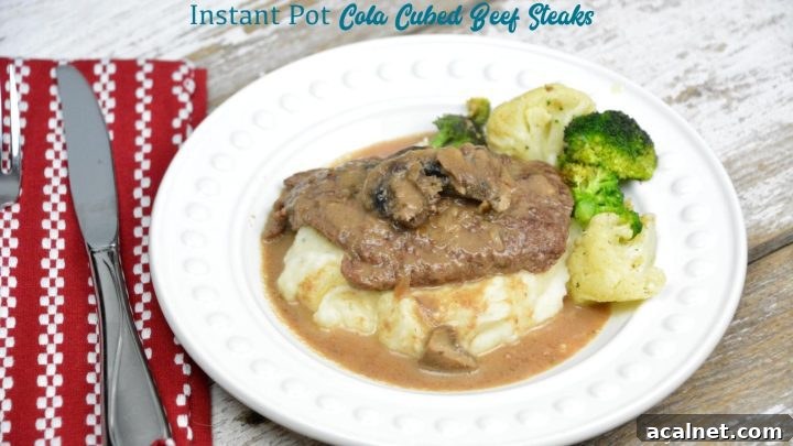 Instant Pot Coca-Cola Cubed Beef Steaks is a simple recipe made quickly with the dump of cubed steaks, a Coke, onion soup mix and cream of mushroom soup in the Instant Pot.