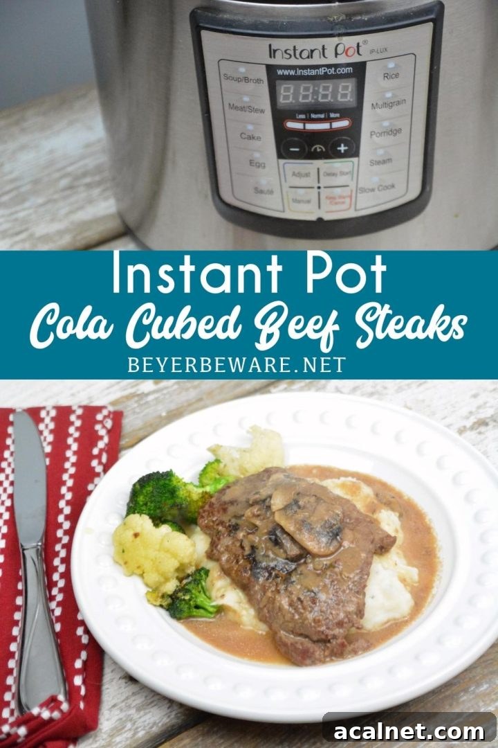 Instant Pot Coca-Cola Cubed Beef Steaks is a simple recipe made quickly with the dump of cubed steaks, a Coke, onion soup mix and cream of mushroom soup in the Instant Pot.