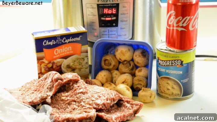 Instant Pot Coca-Cola Cubed Beef Steaks is a simple recipe made quickly with the dump of cubed steaks, a Coke, onion soup mix and cream of mushroom soup in the Instant Pot.