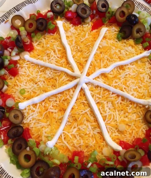 Olives and green onions around edge of dip