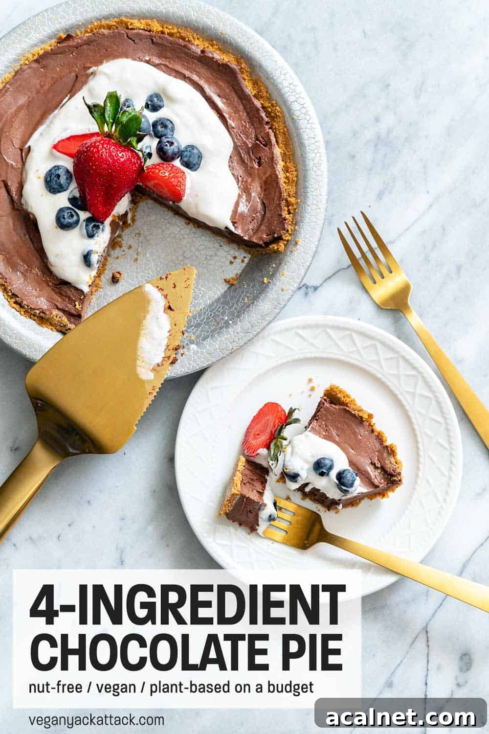 4-Ingredient Vegan Chocolate Pie for Budget Baking 2 Slice of chocolate pie on a plate next to whole pie and gold pie server