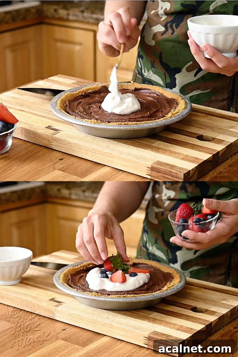 4-Ingredient Vegan Chocolate Pie for Budget Baking 6 Topping chocolate pie with whipped cream and berries