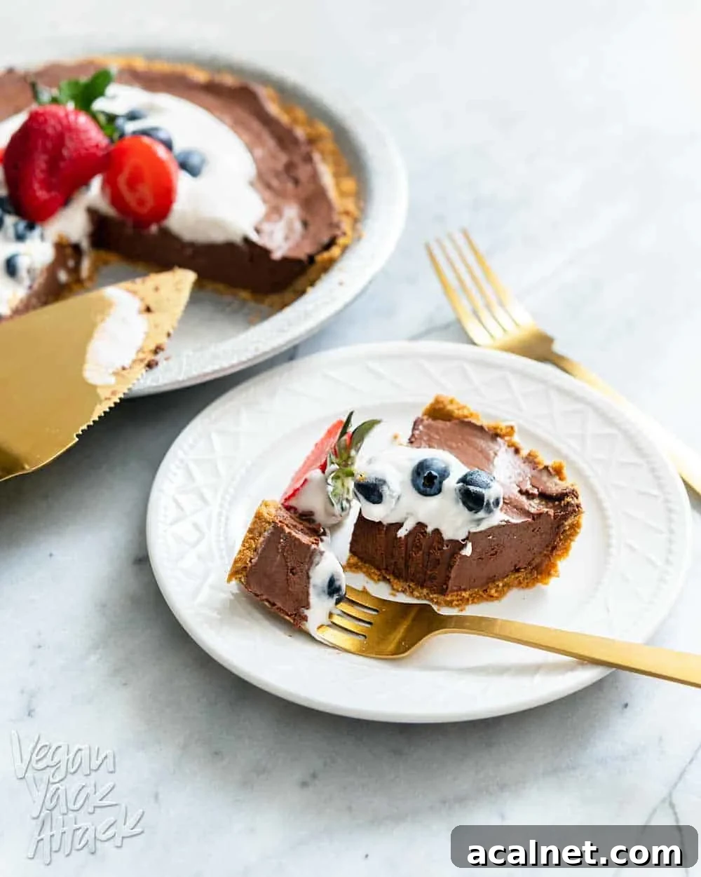 4-Ingredient Vegan Chocolate Pie for Budget Baking 10 Slice of chocolate pie on a plate next to whole pie and gold pie server