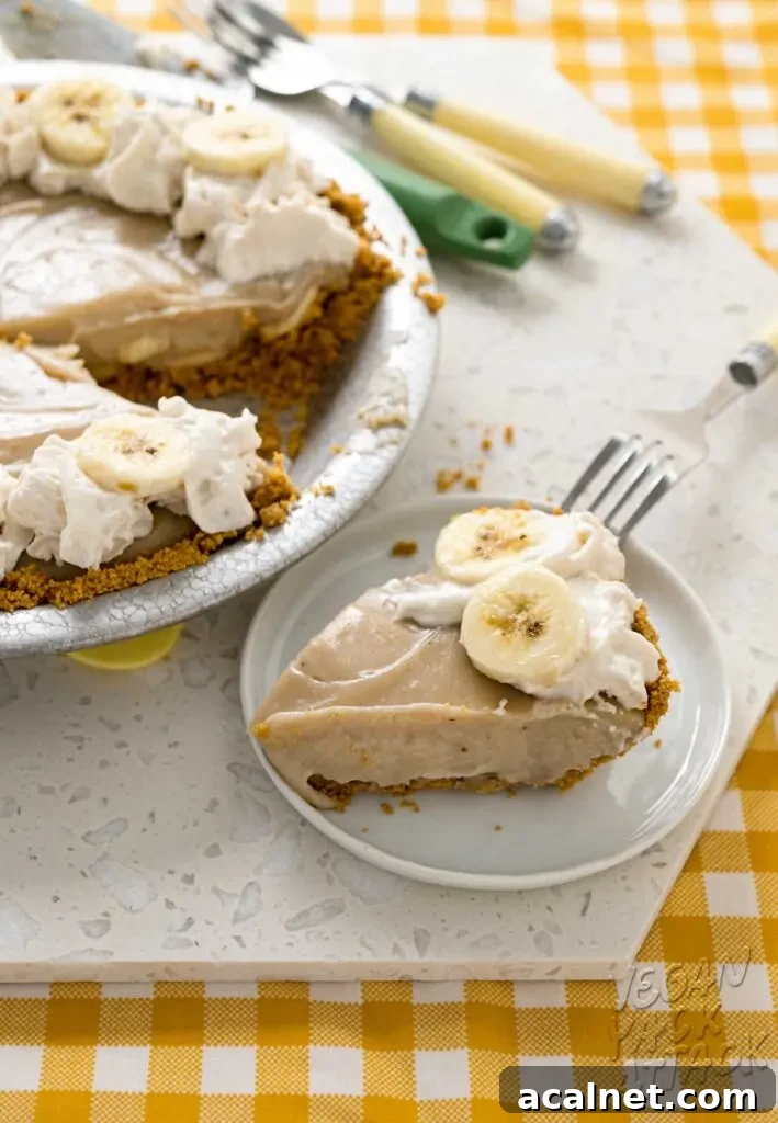 4-Ingredient Vegan Chocolate Pie for Budget Baking 13 close up of slice of banana cream pie on a white place next to the whole pie