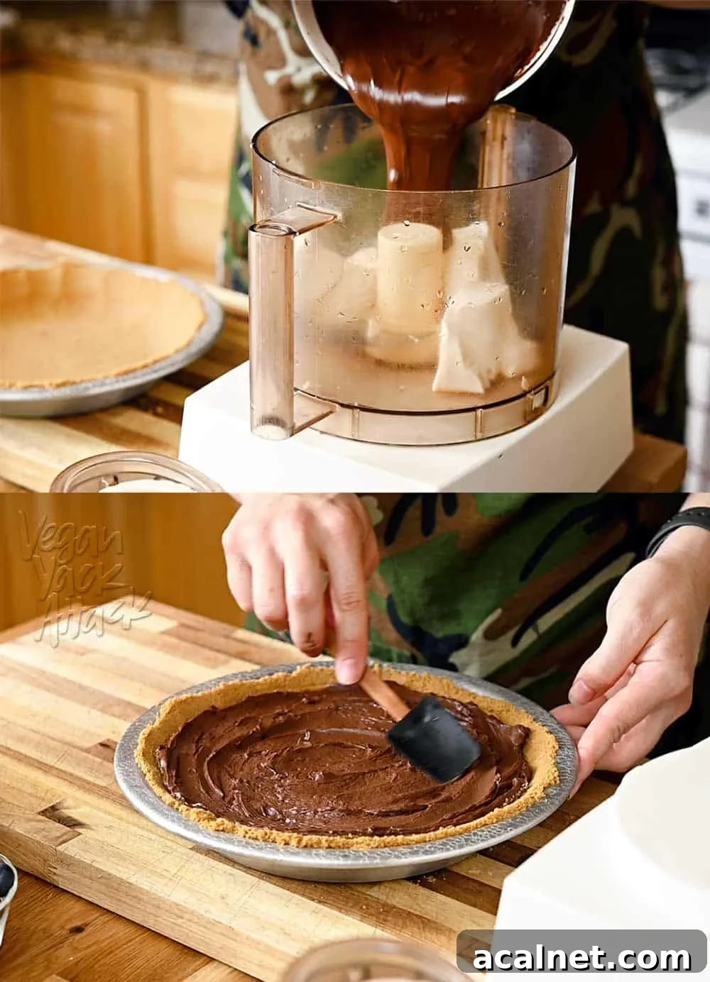 4-Ingredient Vegan Chocolate Pie for Budget Baking 5 Image collage of Making vegan chocolate pie filling in a food processor