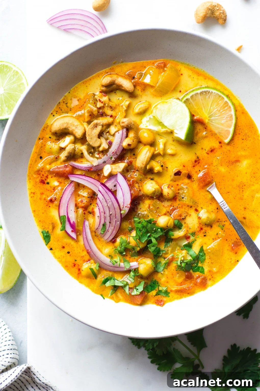 Large white bowl of bright orange chickpea and tomato coconut curry soup. Soup is topped with fresh red onion slices, chopped herbs, curry spiced cashews, and lime wedges. On a white background next to scattered herbs, lime wedges, and cashew bits.