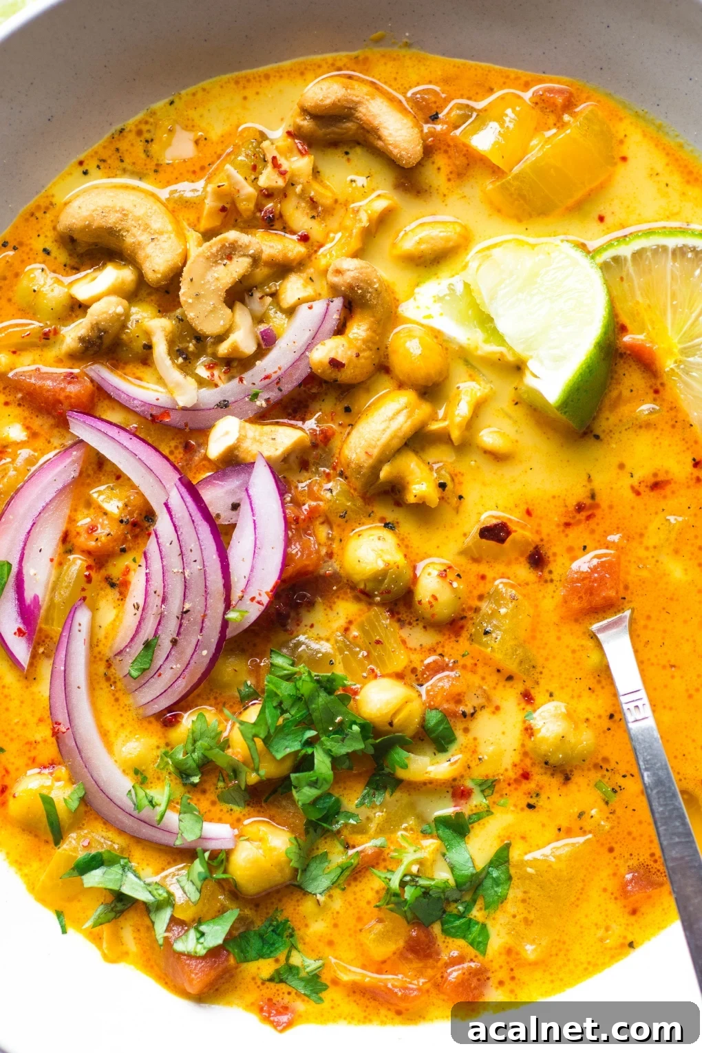 Super close up shot of a large white bowl of bright orange chickpea and tomato coconut curry soup. Soup is topped with fresh red onion slices, chopped herbs, curry spiced cashews, and lime wedges.