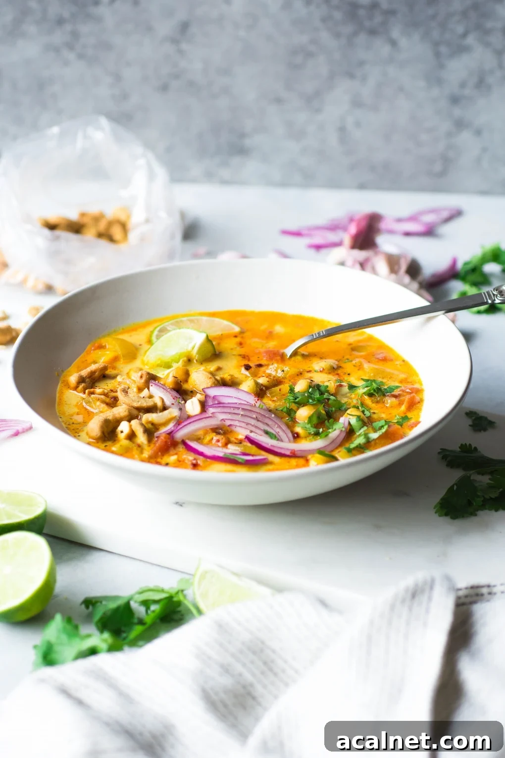 Side angle shot of a large white bowl of bright orange chickpea and tomato coconut curry soup. Soup is topped with fresh red onion slices, chopped herbs, curry spiced cashews, and lime wedges. On a white background next to scattered herbs, lime wedges, and cashew bits.