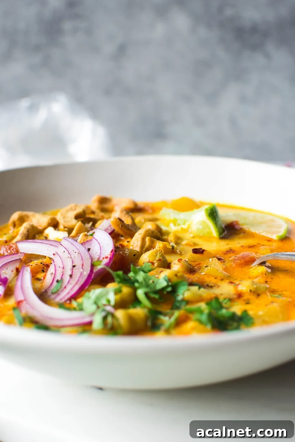 Close up and side angle shot of a large white bowl of bright orange chickpea and tomato coconut curry soup. Soup is topped with fresh red onion slices, chopped herbs, curry spiced cashews, and lime wedges. On a white background next to scattered herbs, lime wedges, and cashew bits.