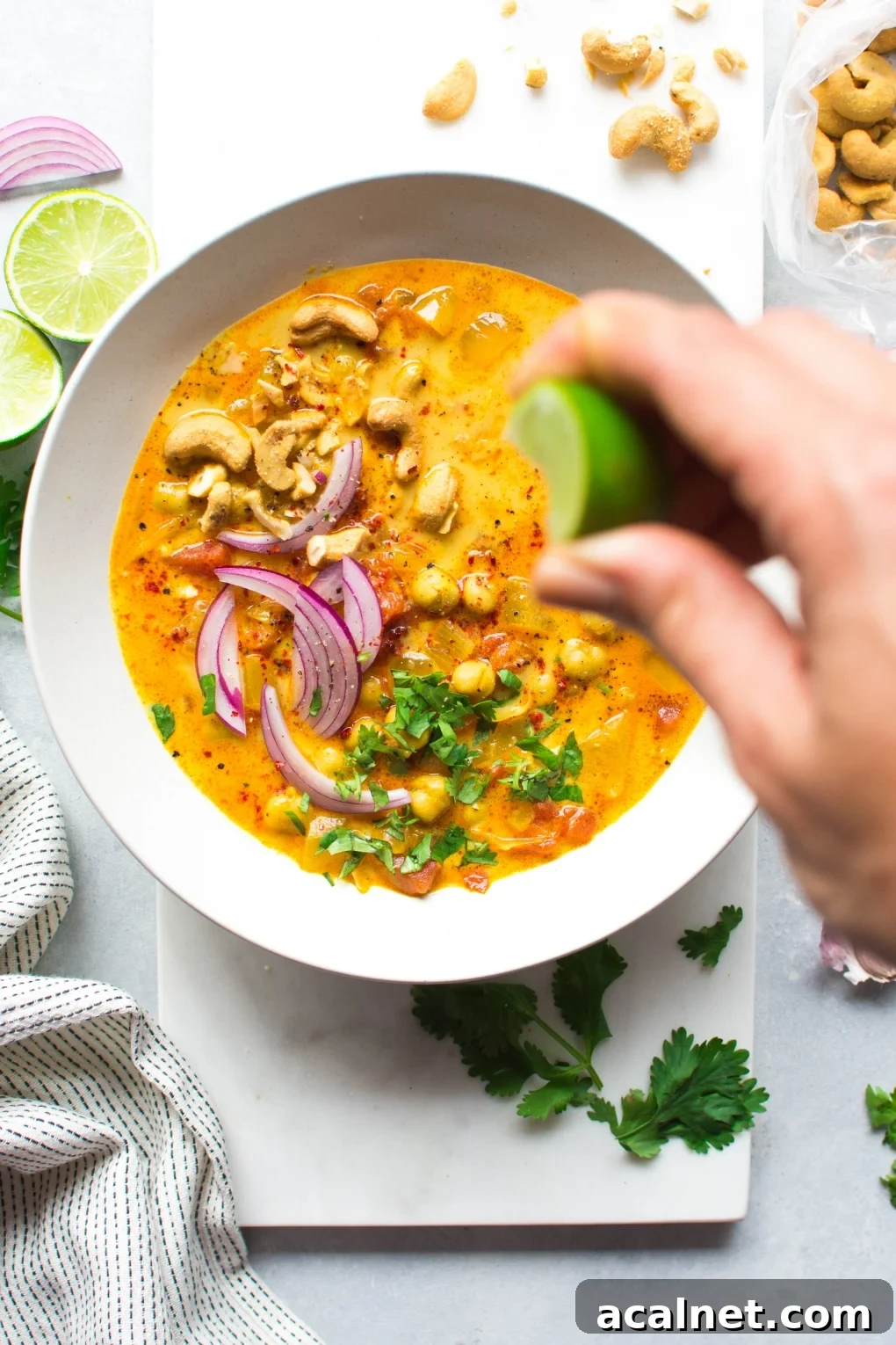Squeezing a lime wedge over a large white bowl of bright orange chickpea and tomato coconut curry soup. Soup is topped with fresh red onion slices, chopped herbs, curry spiced cashews, and lime wedges. On a white background next to scattered herbs, lime wedges, and cashew bits.