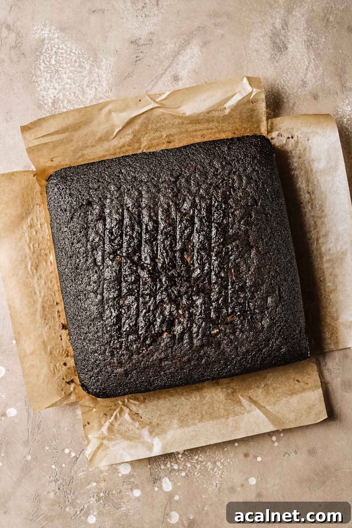 A baked square chocolate cake on brown parchment paper.