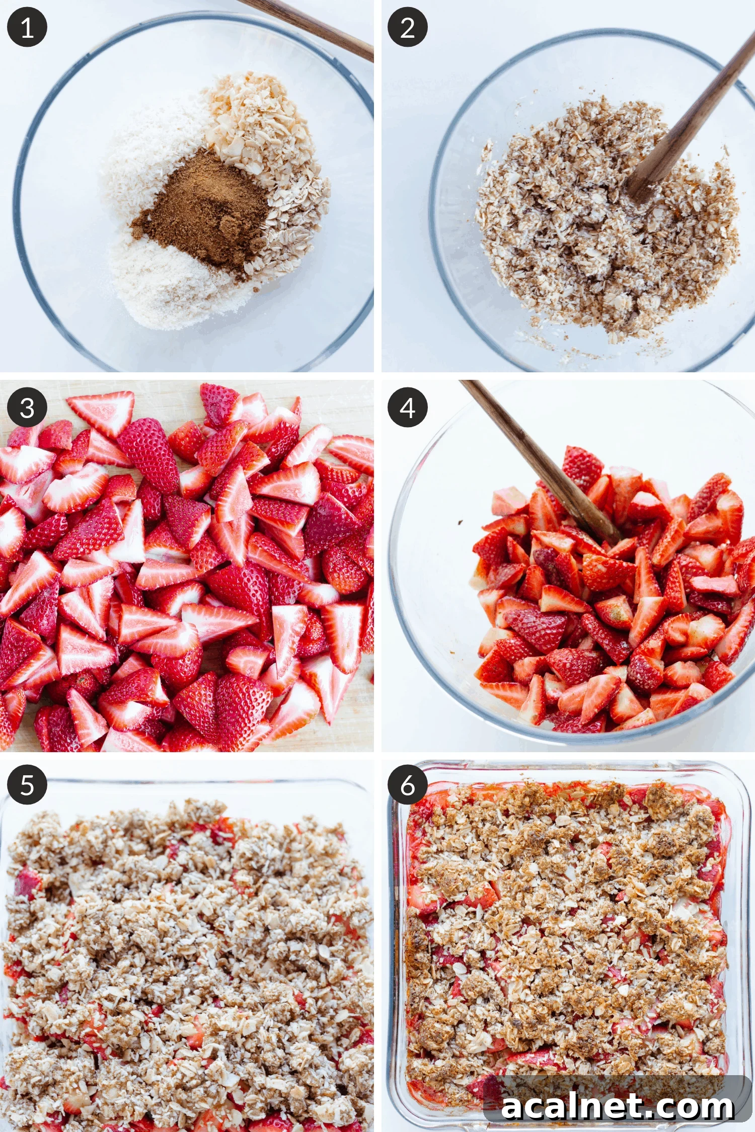 Process collage of steps to make strawberry coconut crisp recipe