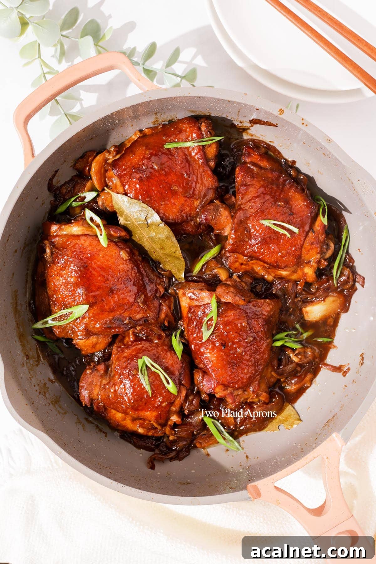 Top down of chicken adobo in pan.