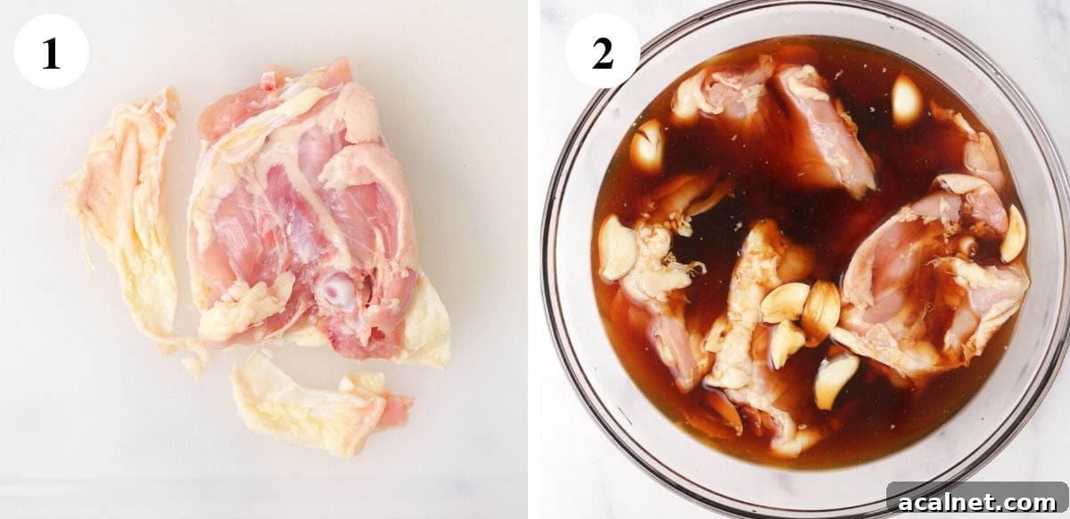 Steps 1-2 for making chicken adobo.
