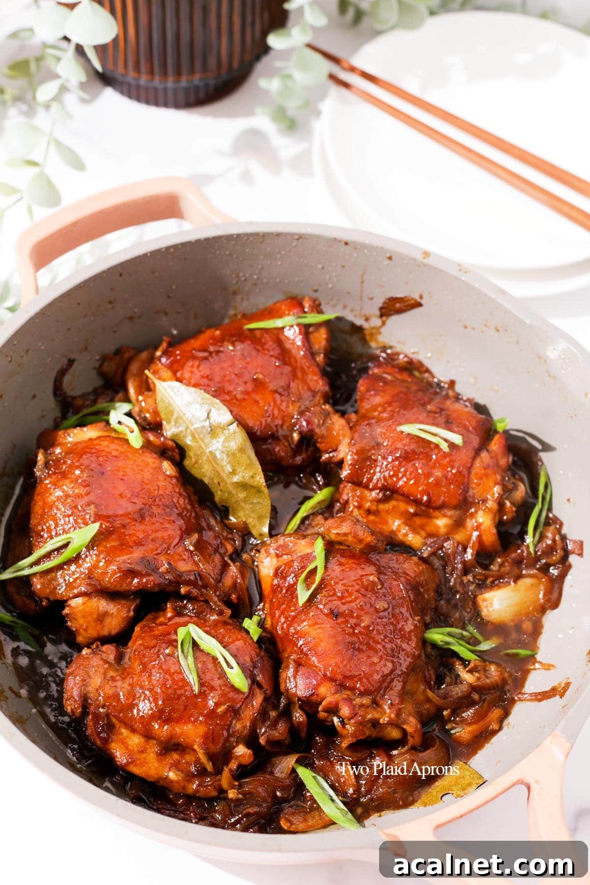 Side shot of chicken adobo in pan.