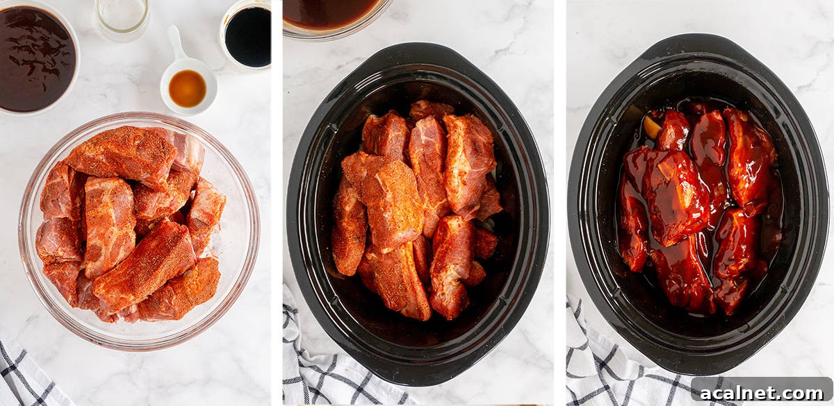 Country style ribs with seasoning in a bowl and in a slow cooker with sauce.