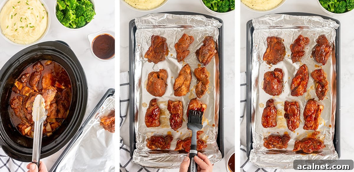 Tongs transfer ribs to a baking sheet and the ribs are brushed with BBQ sauce.
