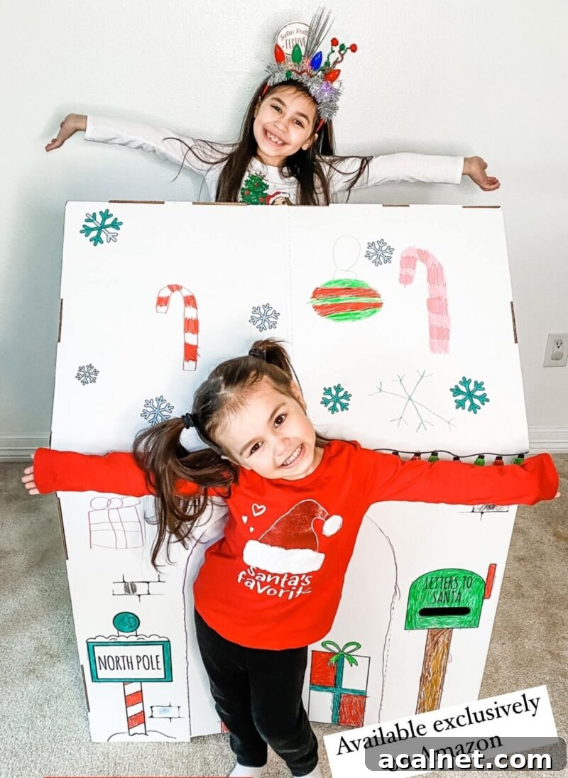 Creative Toys and Books to Spark Kids’ Imagination 11 two girls with decorated homemade Christmas playhouse