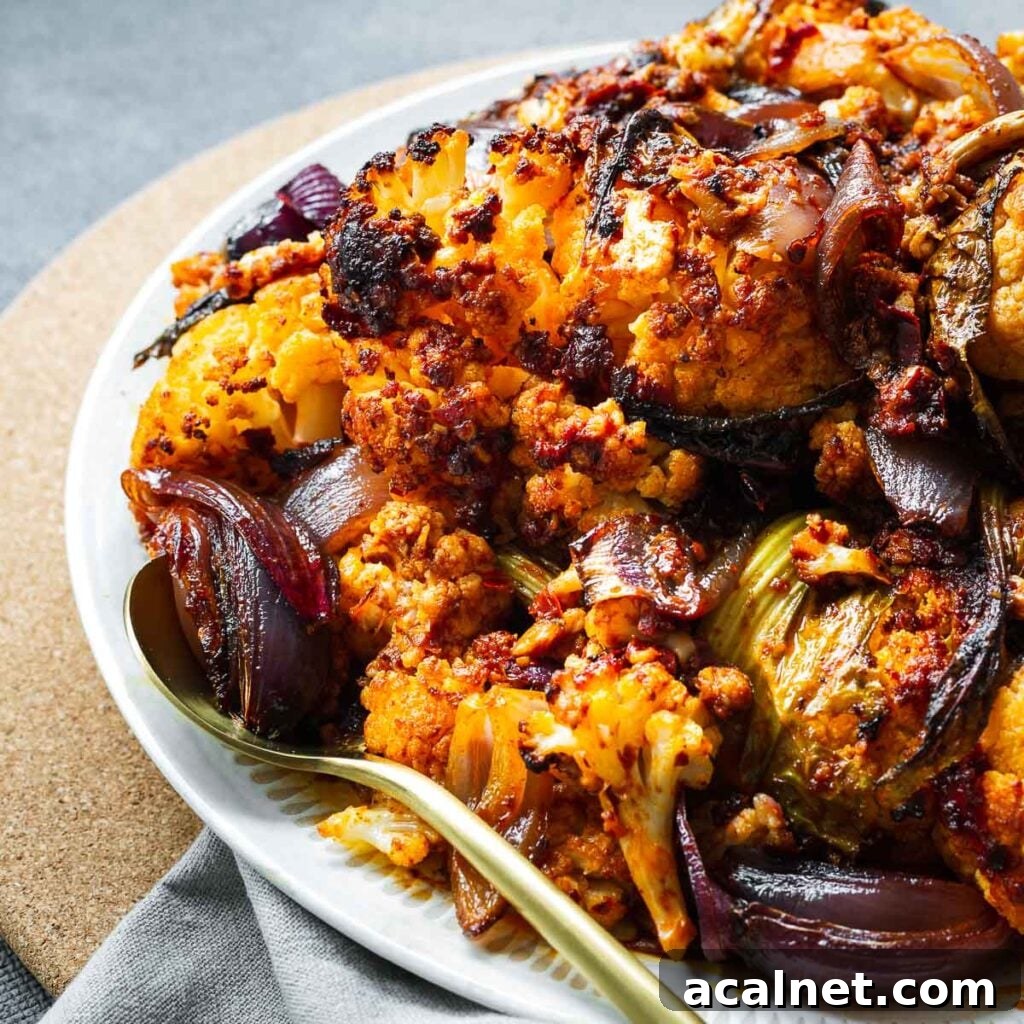 Close-up of harissa roasted cauliflower.