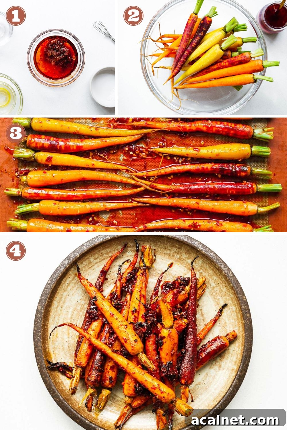 Step-by-step instructions for how to make harissa roasted carrots: Mix the marinade, toss carrots, roast carrots in harissa, and serve.