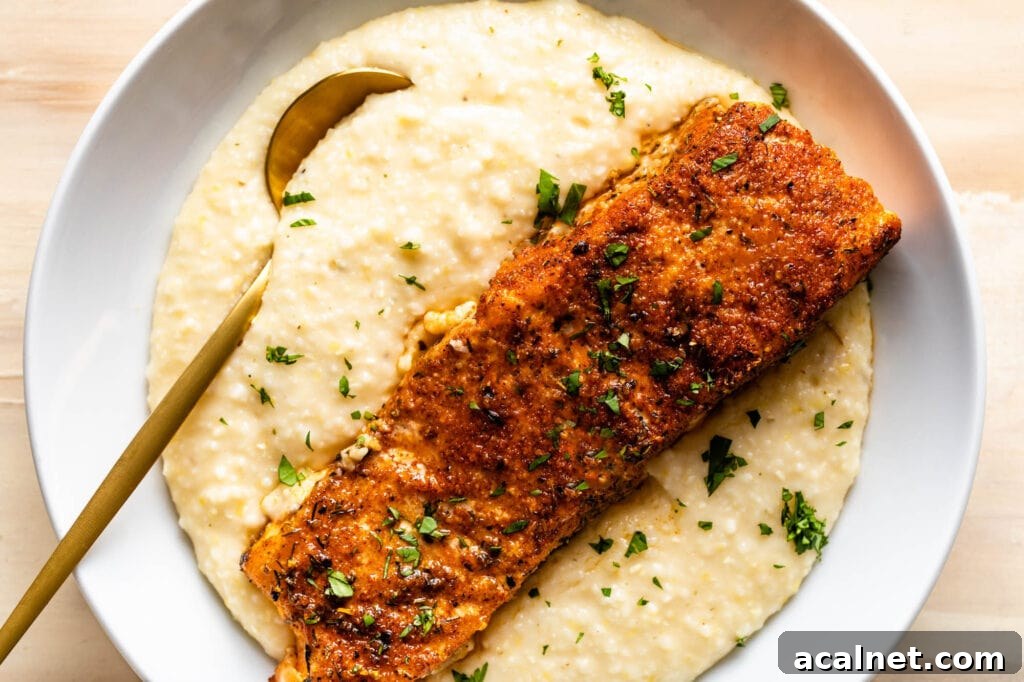 Blackened Baked Salmon with Creamy Cheddar Grits 6 bowl of blackened salmon and grits