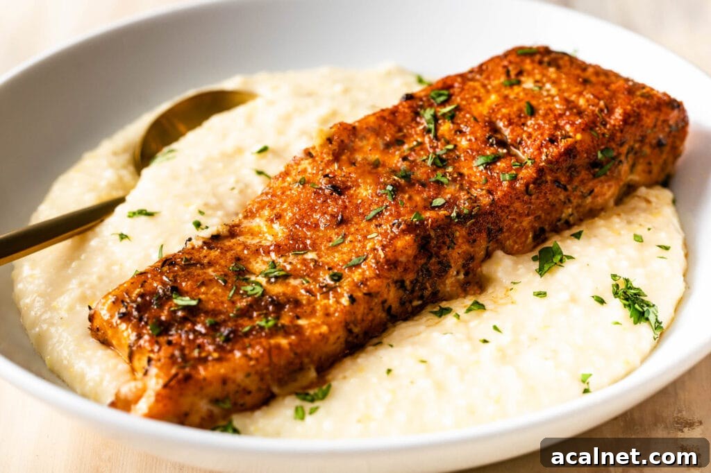 Blackened Baked Salmon with Creamy Cheddar Grits 7 baked blackened salmon fish and grits