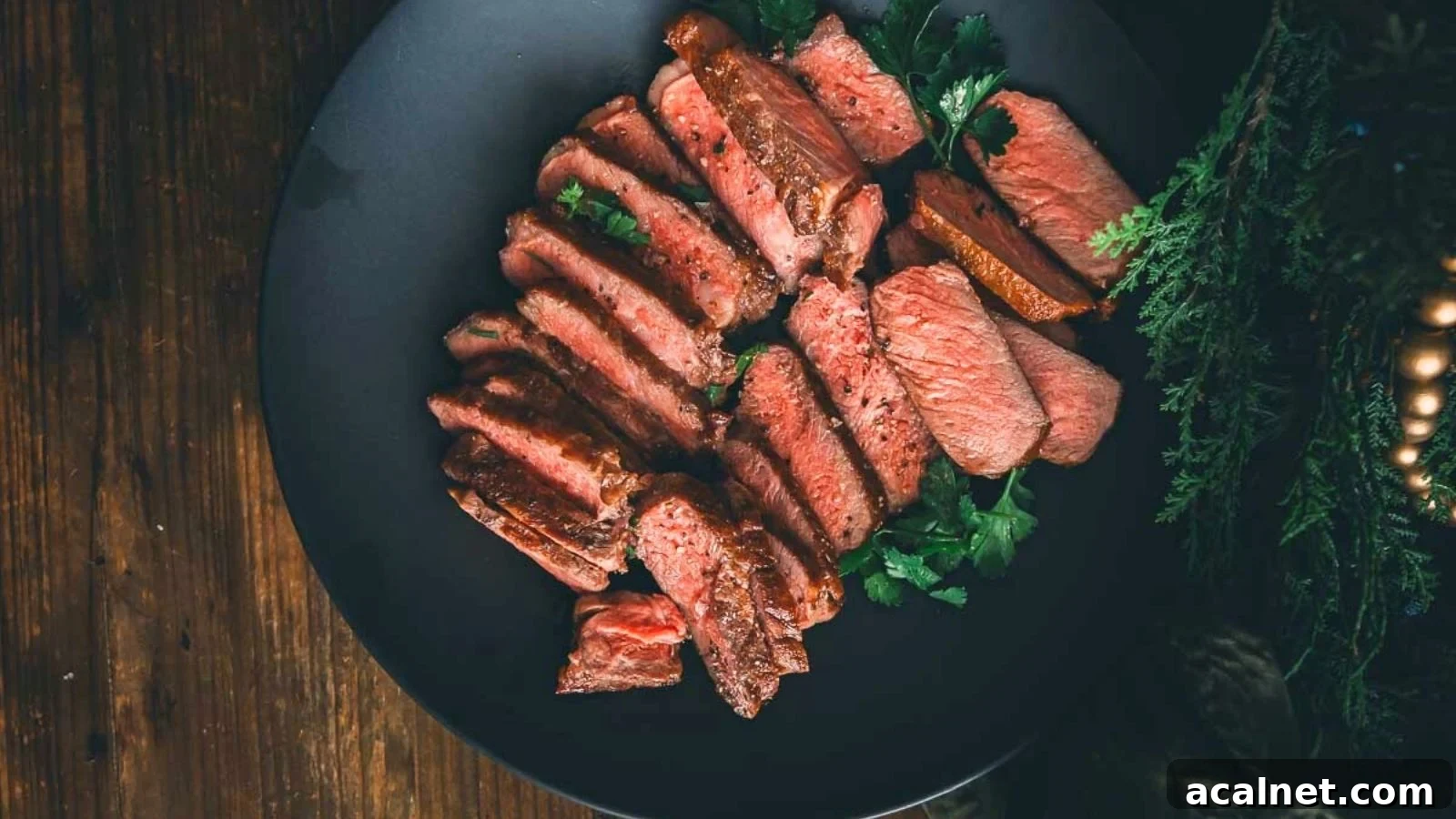 Sous vide New York strip steaks seared dark and sliced to reveal uniform medium-rare centers.
