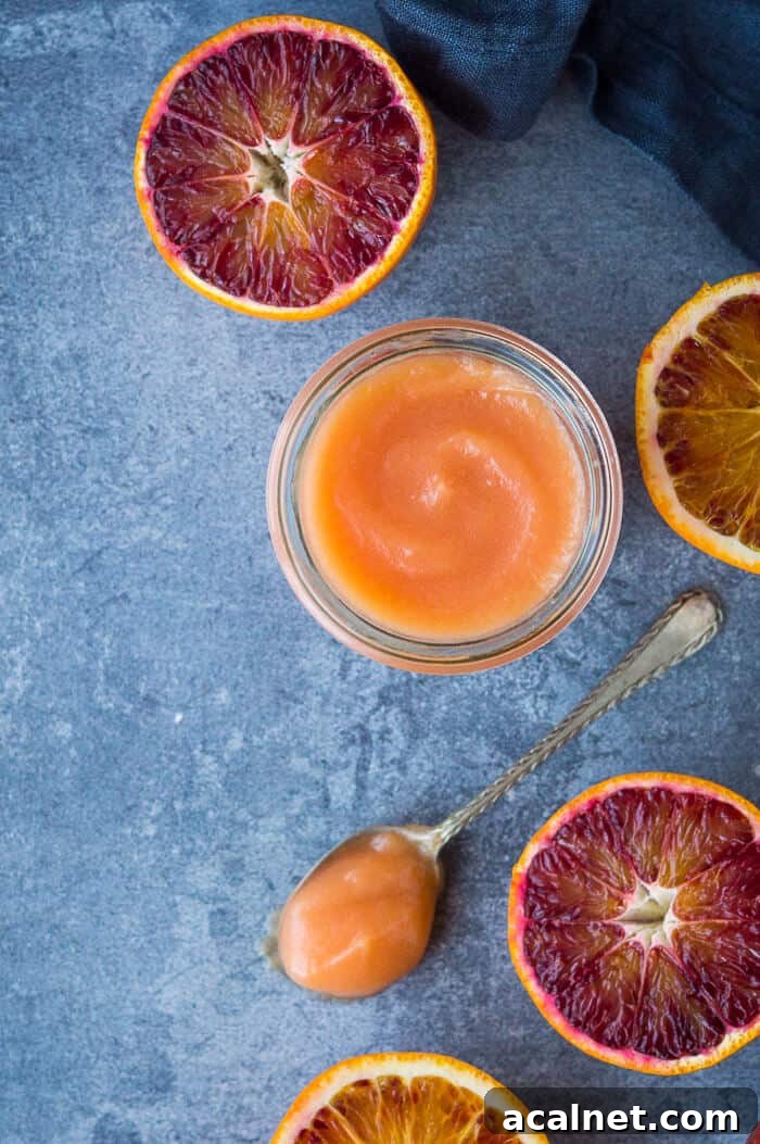 Vegan Blood Orange Curd Recipe — Silky, Zesty Spread 3 Vegan blood orange curd in a glass jar on a blue/grey background with sliced blood oranges and a teaspoon.