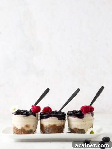 Vegan blueberry cheesecake jars on a tray.