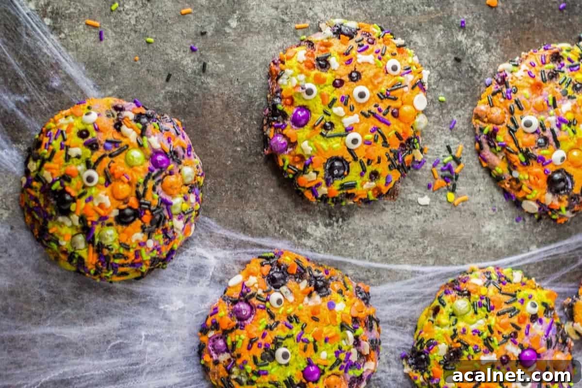 Halloween Sprinkle Cookie Recipe for Festive Party Treats 3 baked halloween sprinkle cookies on a gray table with spider webs.