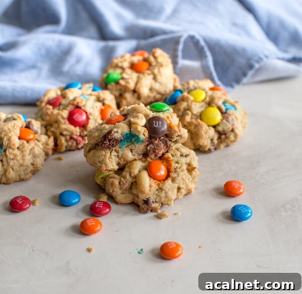 Gluten Free Monster Cookies-- a healthy peanut butter oatmeal cookie recipe with m and ms... your favorite monster trail mix in flourless cookie form.