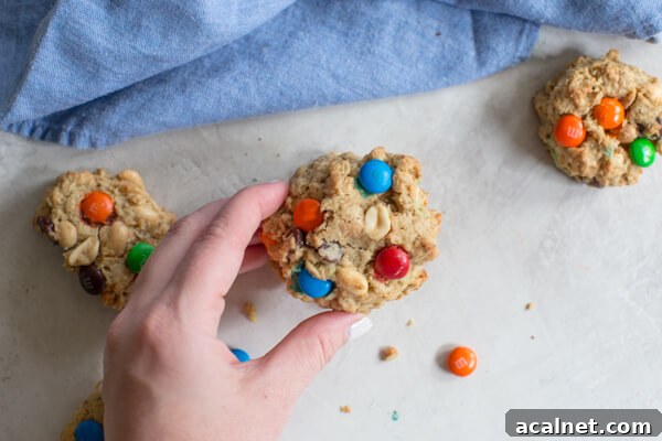 Gluten Free Monster Cookies-- a healthy peanut butter oatmeal cookie recipe with m and ms... your favorite monster trail mix in flourless cookie form.