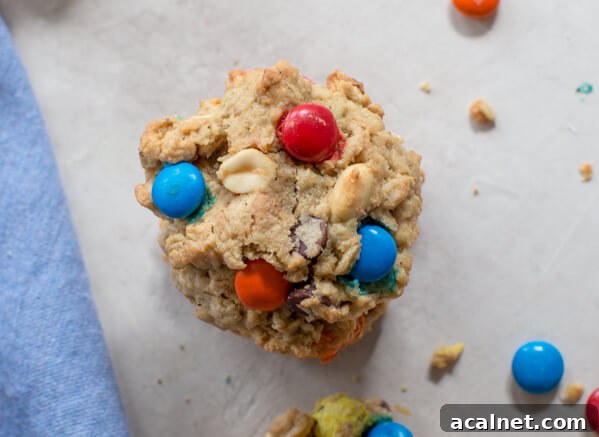 Gluten Free Monster Cookies-- a healthy peanut butter oatmeal cookie recipe with m and ms... your favorite monster trail mix in flourless cookie form.