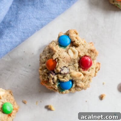 Gluten Free Monster Cookies-- a healthy peanut butter oatmeal cookie recipe with m and ms... your favorite monster trail mix in flourless cookie form.