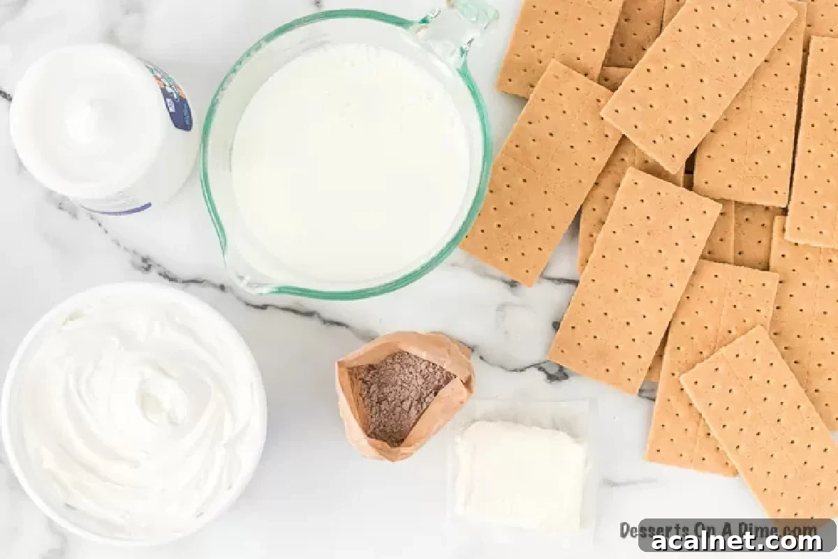 Ingredients needed - chocolate pudding, milk, graham crackers, marshmallow creme, cream cheese, cool whip