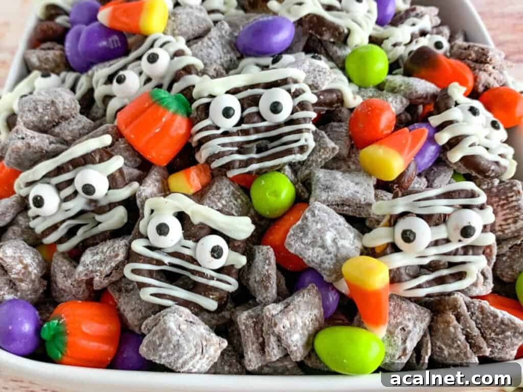 Up close photo of Halloween snack mix with Mummy decorated pretzels, Halloween, M&Ms, and candy corn.